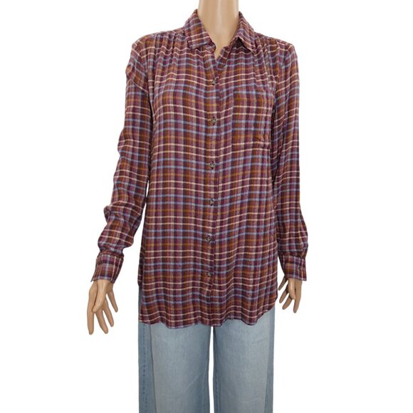 NWTBeachLunchLounge Plaid Button-Front Tunic Top Rust Multicolor Size Small - Picture 2 of 12